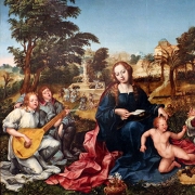 A Virgem, o Menino e Anjos, Gregório Lopes, c. 1536 - 1539, Pintura a óleo sobre madeira de carvalho, 125 cm × 167 cm, Museu Nacional de Arte Antiga, Lisboa
